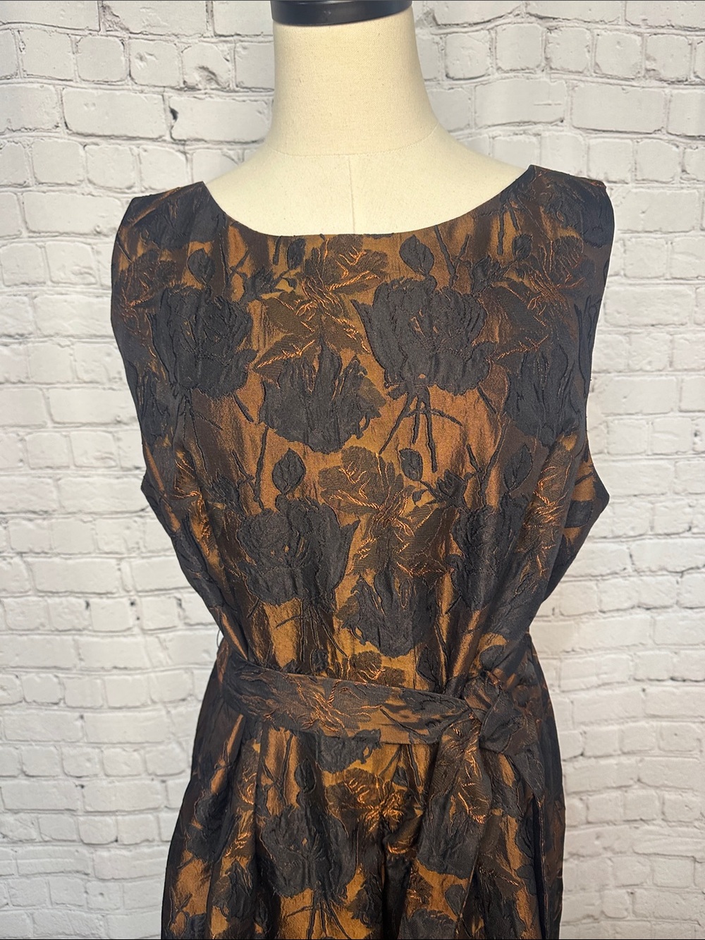 Talbots Bronze and Black Floral Jacquard Belted Dress Size 18 NEW - Picture 3 of 9